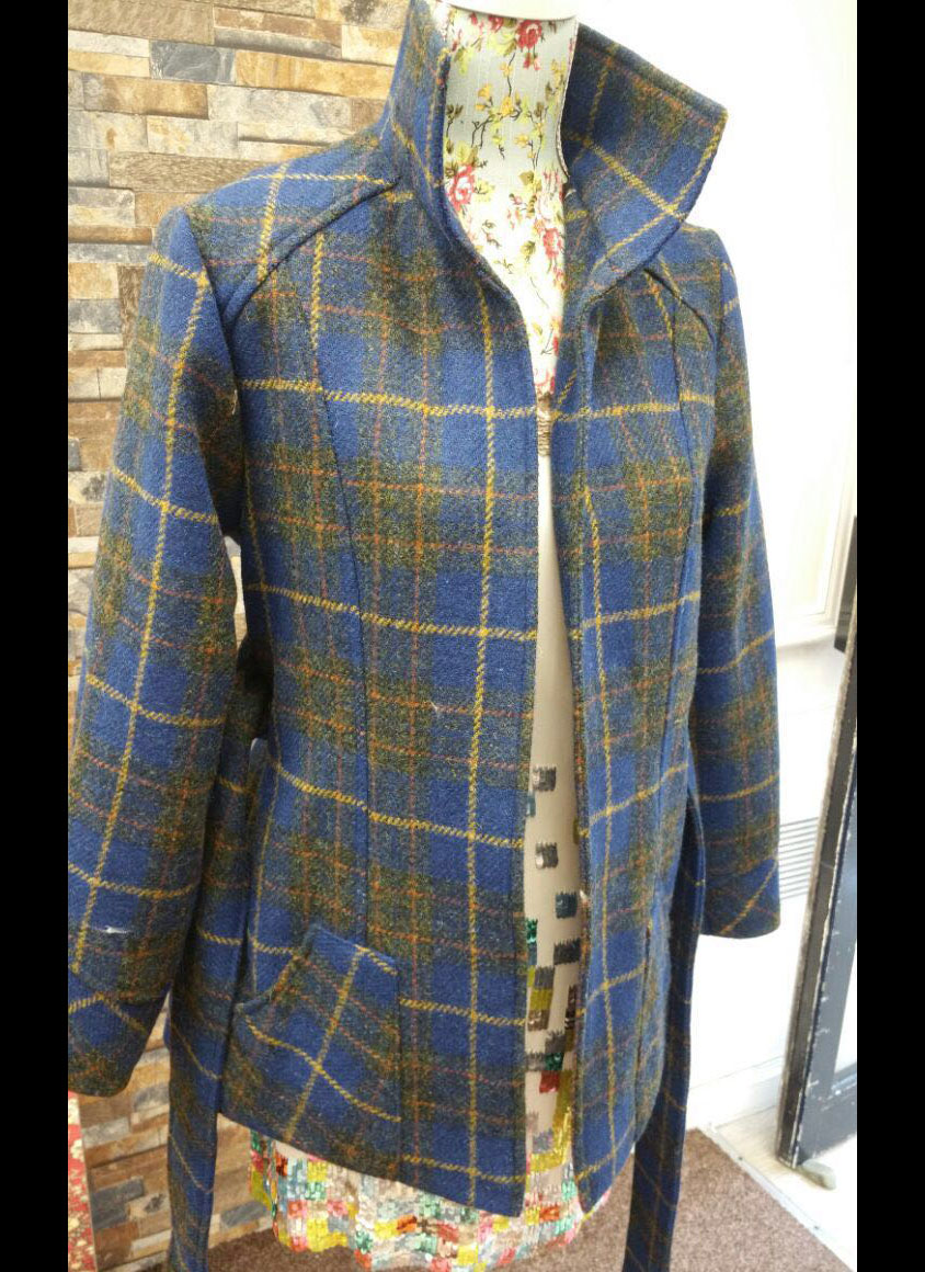Blue plaid wool jacket with yellow check pattern